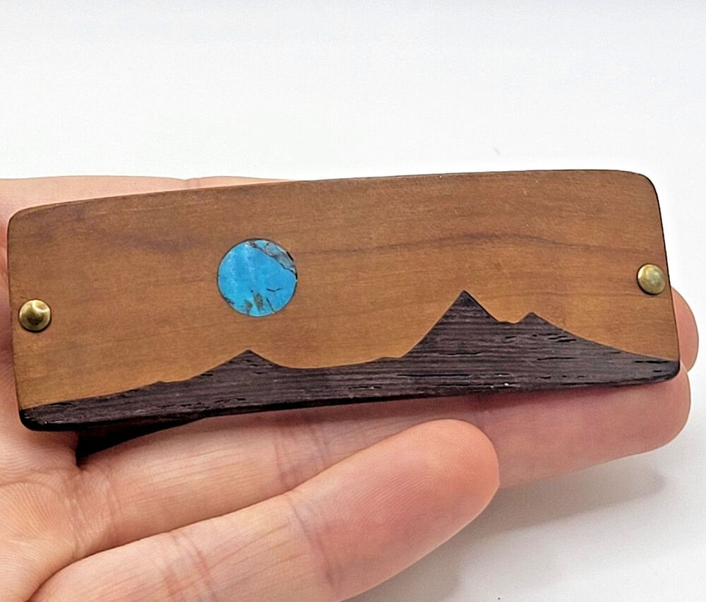 Vntg Sky Inlaid Wood Mountain Barrette Hair Clip Turquoise Moon Southwest 3.25in
